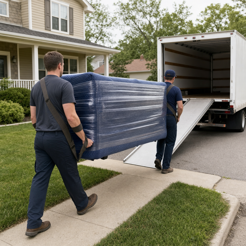 Uniformed Modesto moving crew carrying a shrink-wrapped sofa down a residential walkway toward an open box-truck ramp